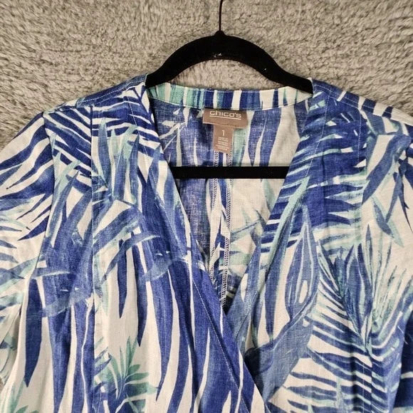 Chicos Cardigan Womens 1/M Hawaiian 100% Linen Tropical Floral Paradise Cardigan - Picture 2 of 13